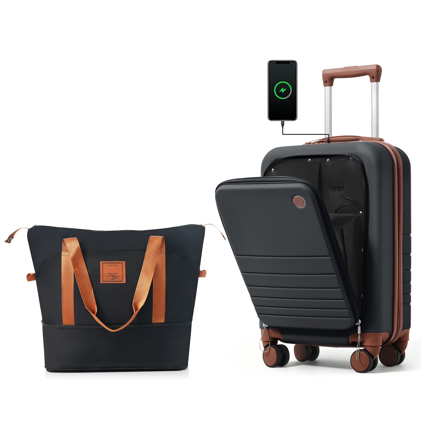 20-Inch Expandable Carry-On Luggage Set with USB Port & Cup Holder - Black+Brown