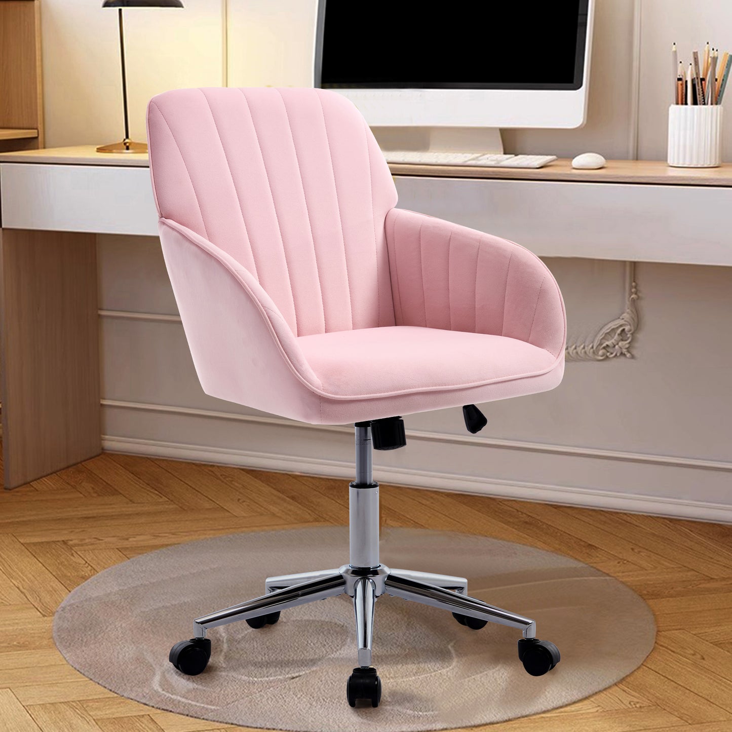 Ergonomic Adjustable Office Chair - Baby Pink Velvet Swivel Chair