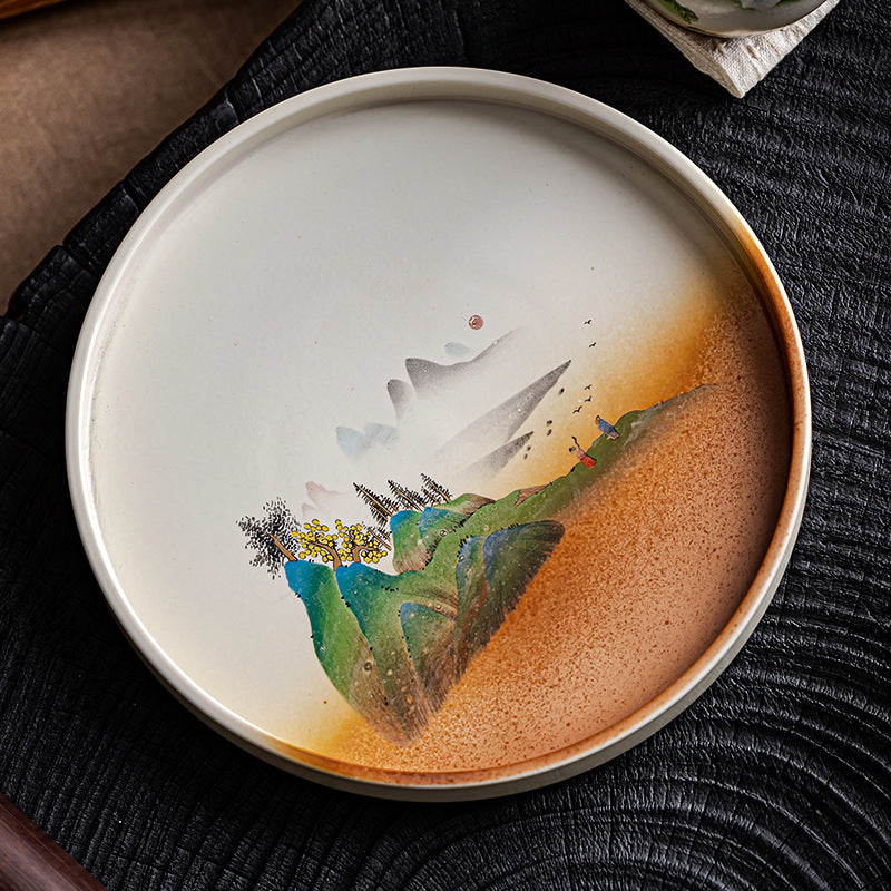 Japanese Style Ceramic Tea Saucer with Bamboo Tray - Round Household Tea Holder