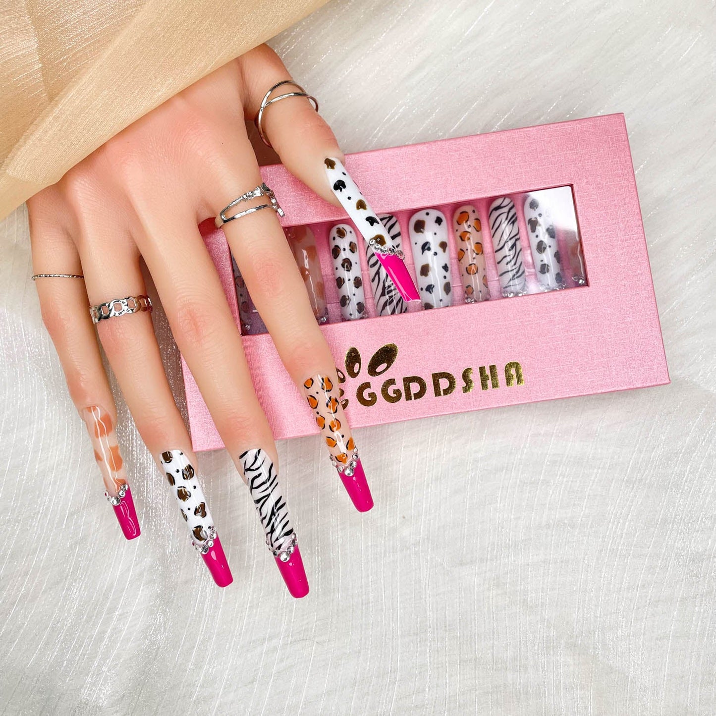 Handmade Press-On Nails - Extra Long Stiletto Glitter Diamond Zebra - Size M