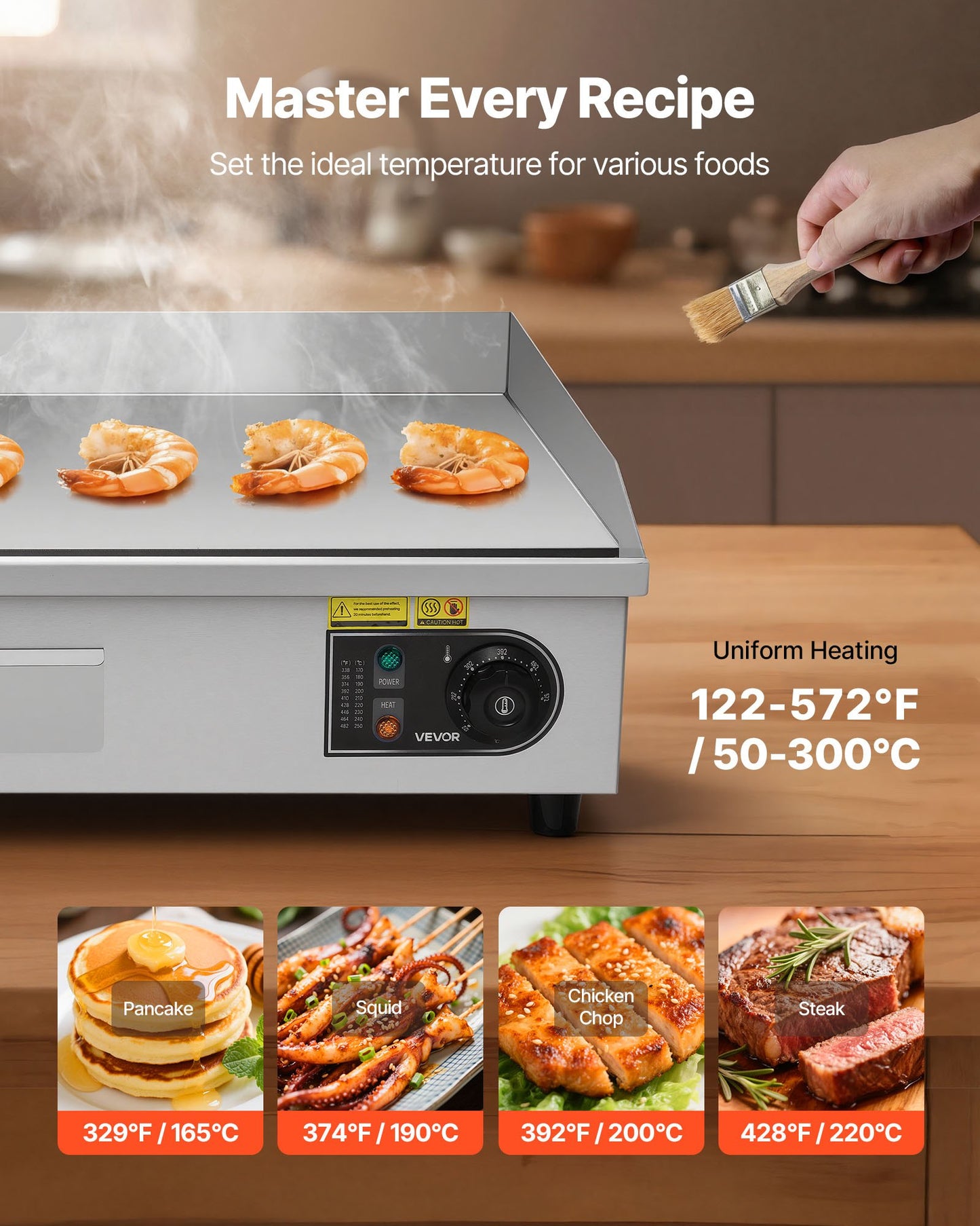 Large Commercial Electric Griddle 28.5x15.75in 2800W Adjustable Temp Stainless Steel