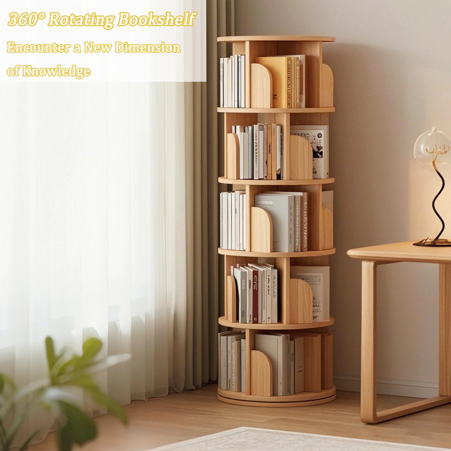 5 Tier Rotating Bookshelf, 360 Display Round Spinning Space-Saving,