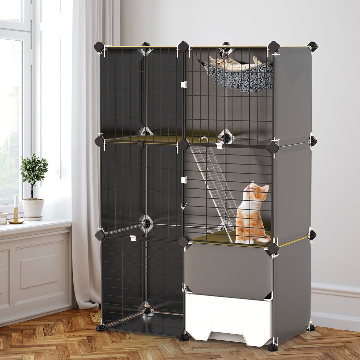 Indoor 3 Tier Cat Cage with Litter Box, Hammock, and Play Areas for Kittens