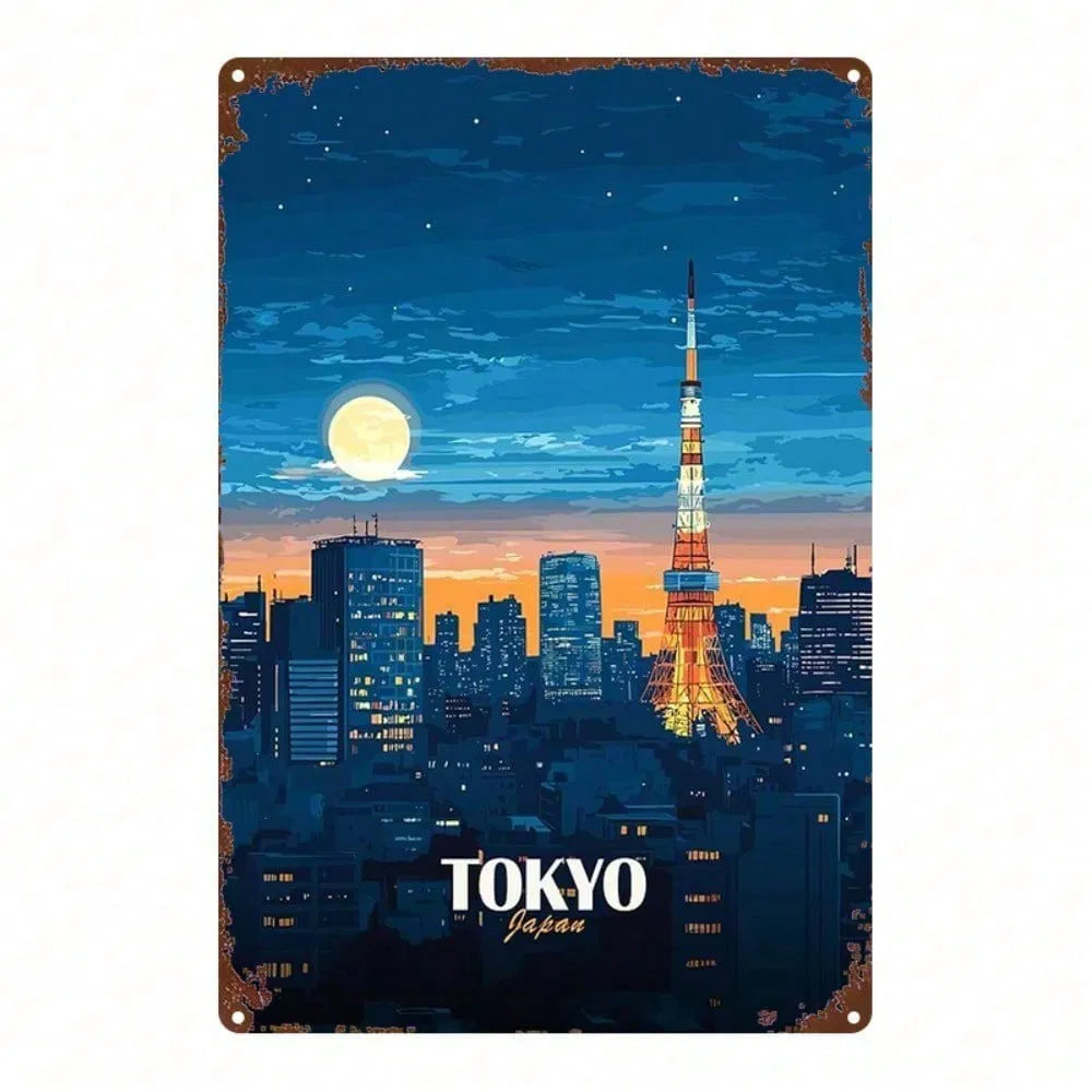 Tokyo Cityscape Metal Sign - 8x12 Inch Rustic Wall Art