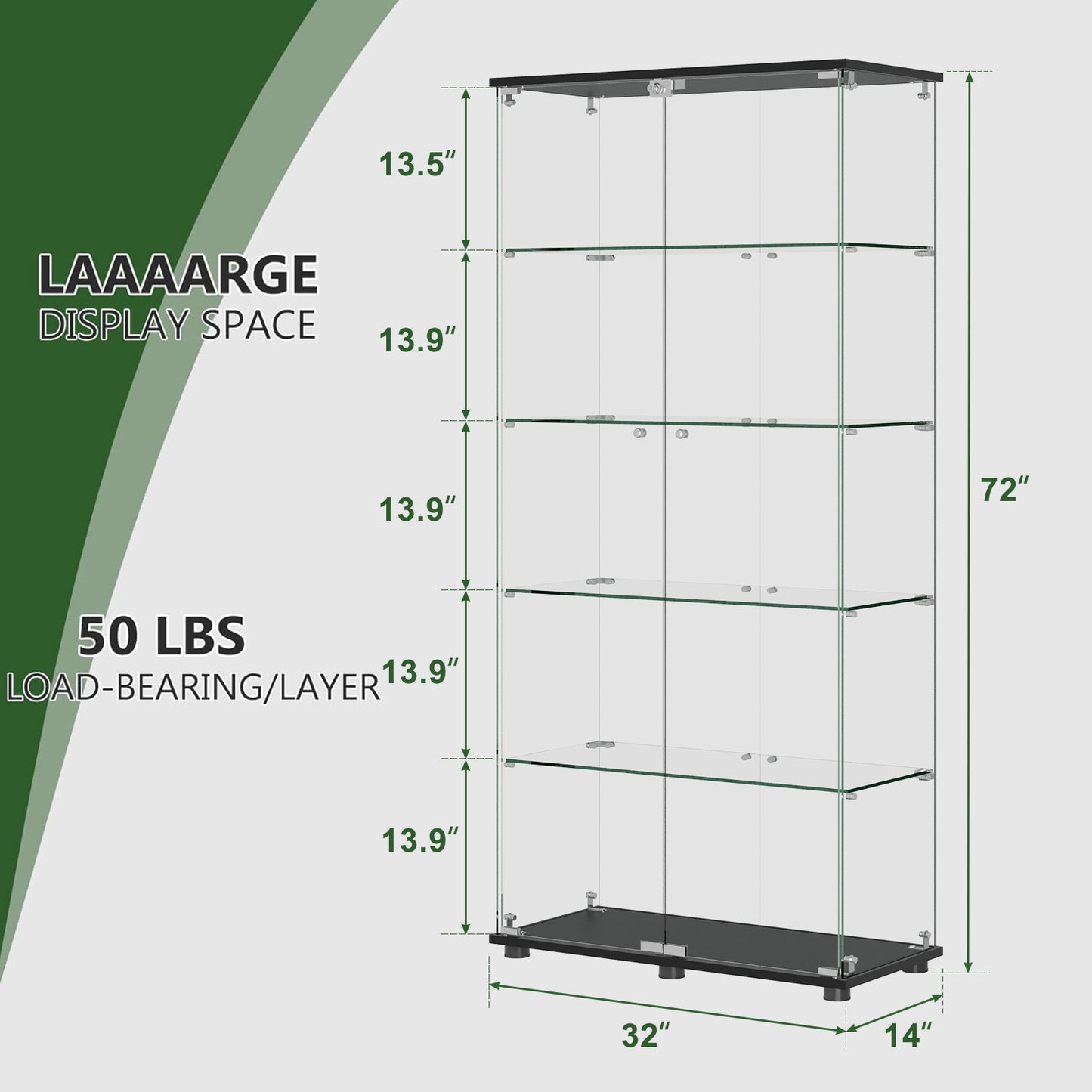 Glass Display Cabinet with 5 Shelves and Lock - Black
