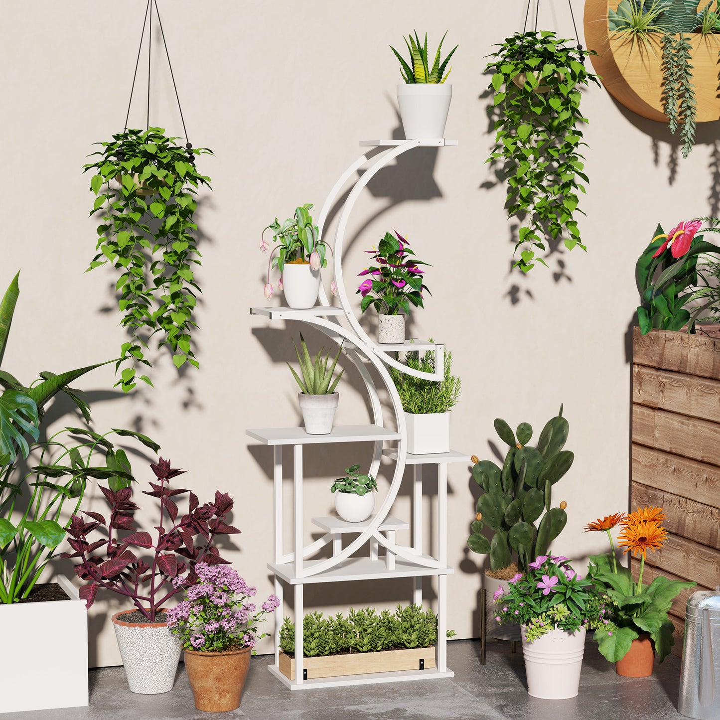 8-Tier Indoor Plant Stand Corner Shelf - White S-Shaped Multi-Level Garden Rack