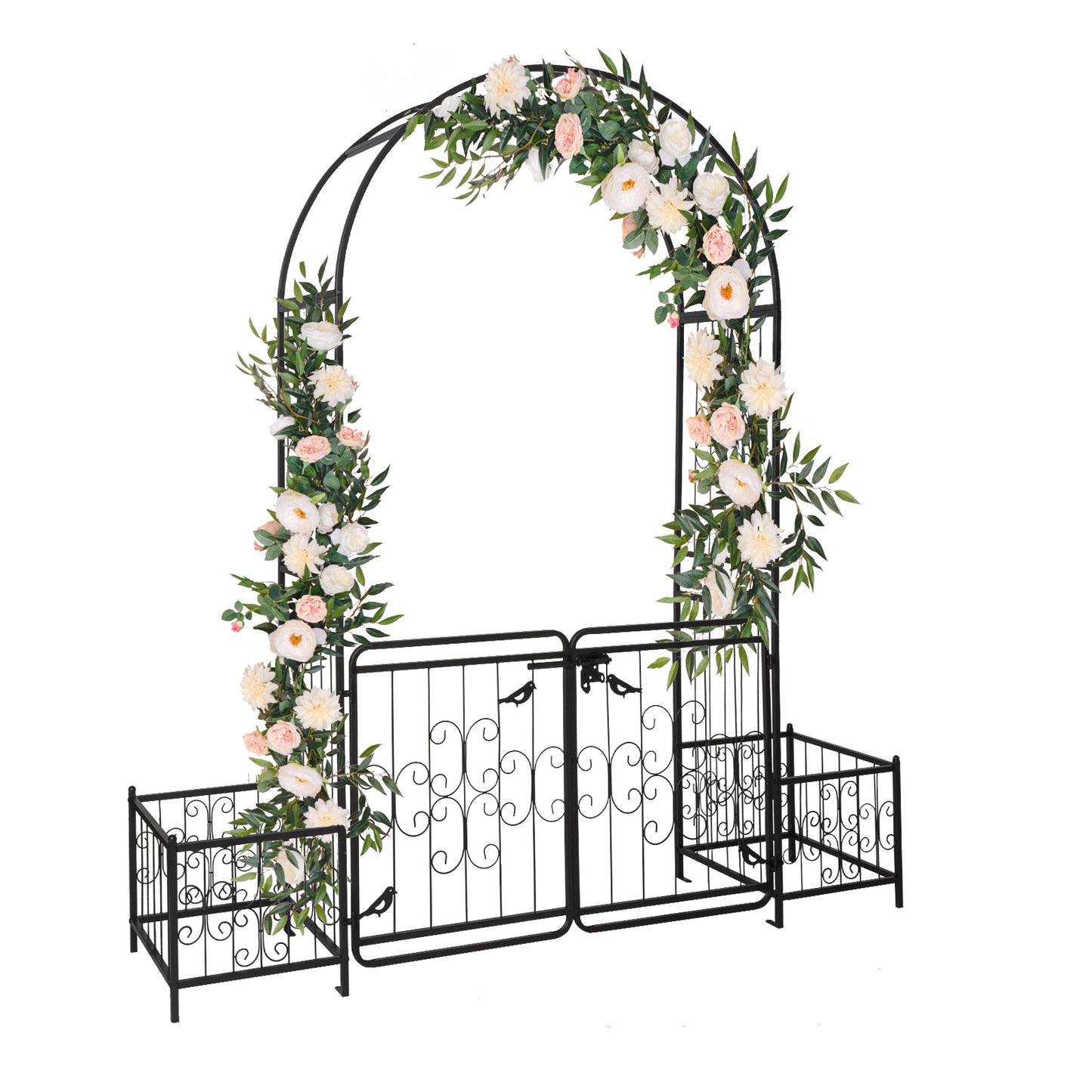 Garden Arbor Arch with Gate and Planter Box - Black Iron Support for Climbing Plants