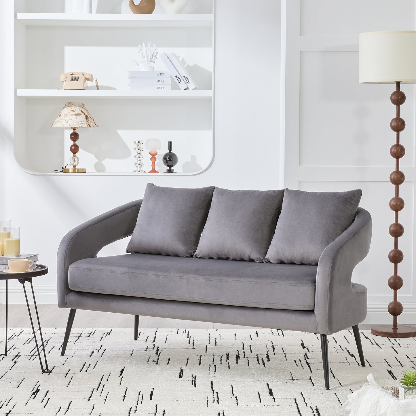 Modern Velvet Loveseat Settee with 3 Pillows - Charcoal