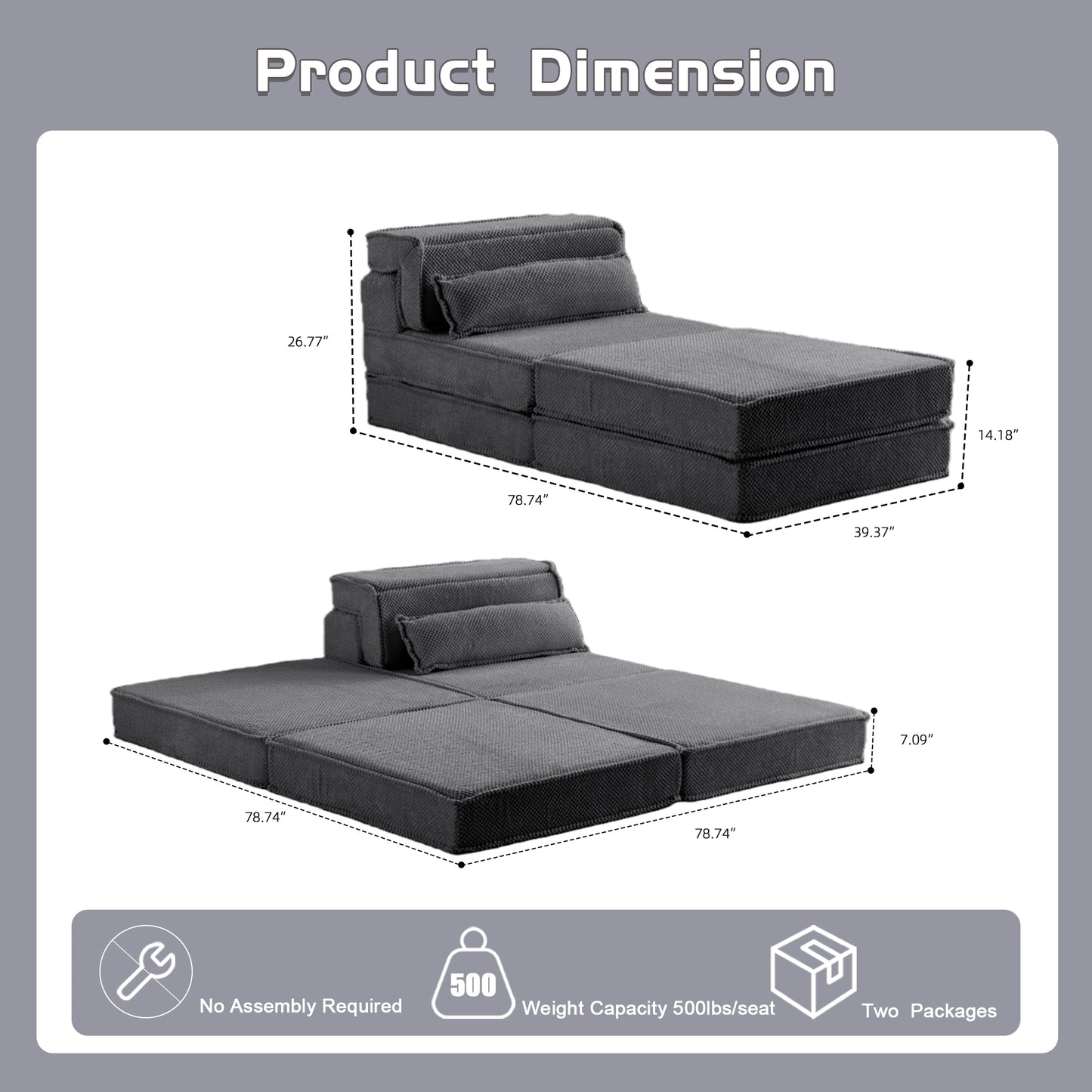 Convertible Floor Sofa Bed - Oversized Single Seater - Dark Grey