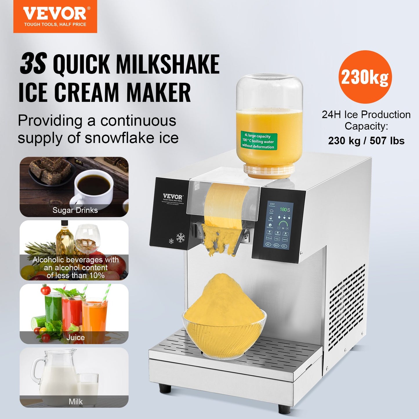 Commercial Snowflake Ice Machine 507Lbs/24H Stainless Steel for Ice Cream