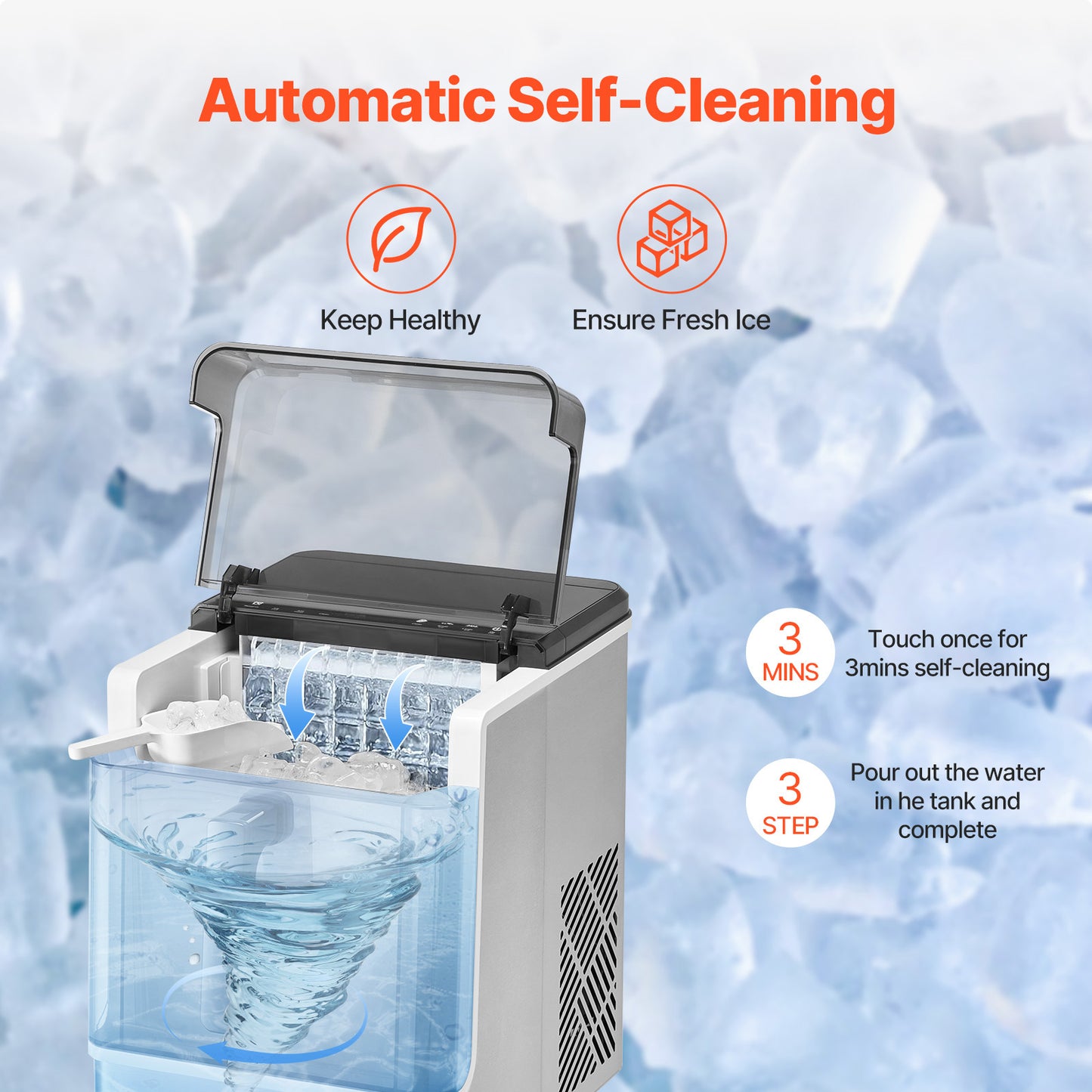 Portable Countertop Ice Maker with 3 Cube Sizes, 32 Cubes in 15 Mins, Self-Cleaning