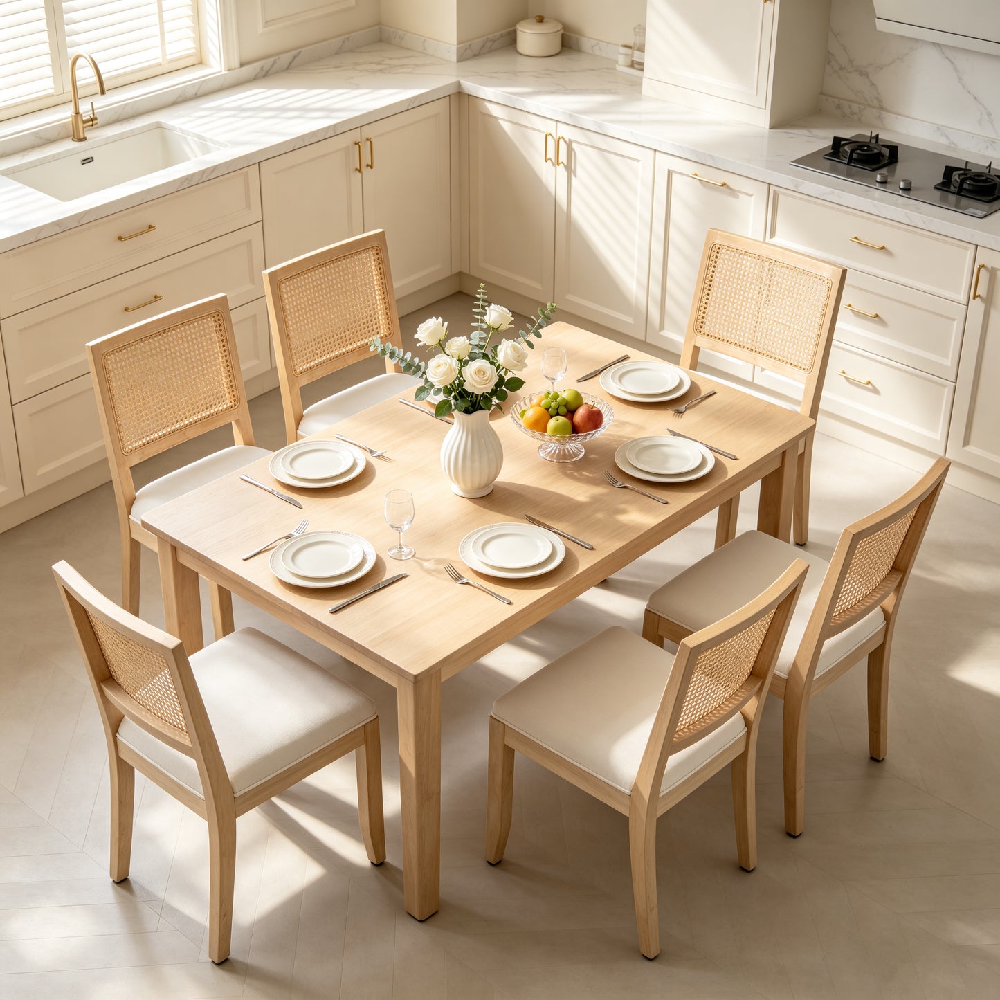 Set of 2 Mid Century Modern Rattan Dining Chairs - Beige