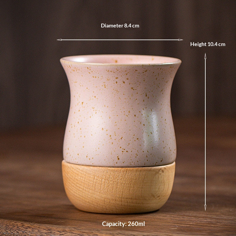 Retro Solid Wood Base Stoneware Coffee Mug 260ml - Multiple Colors