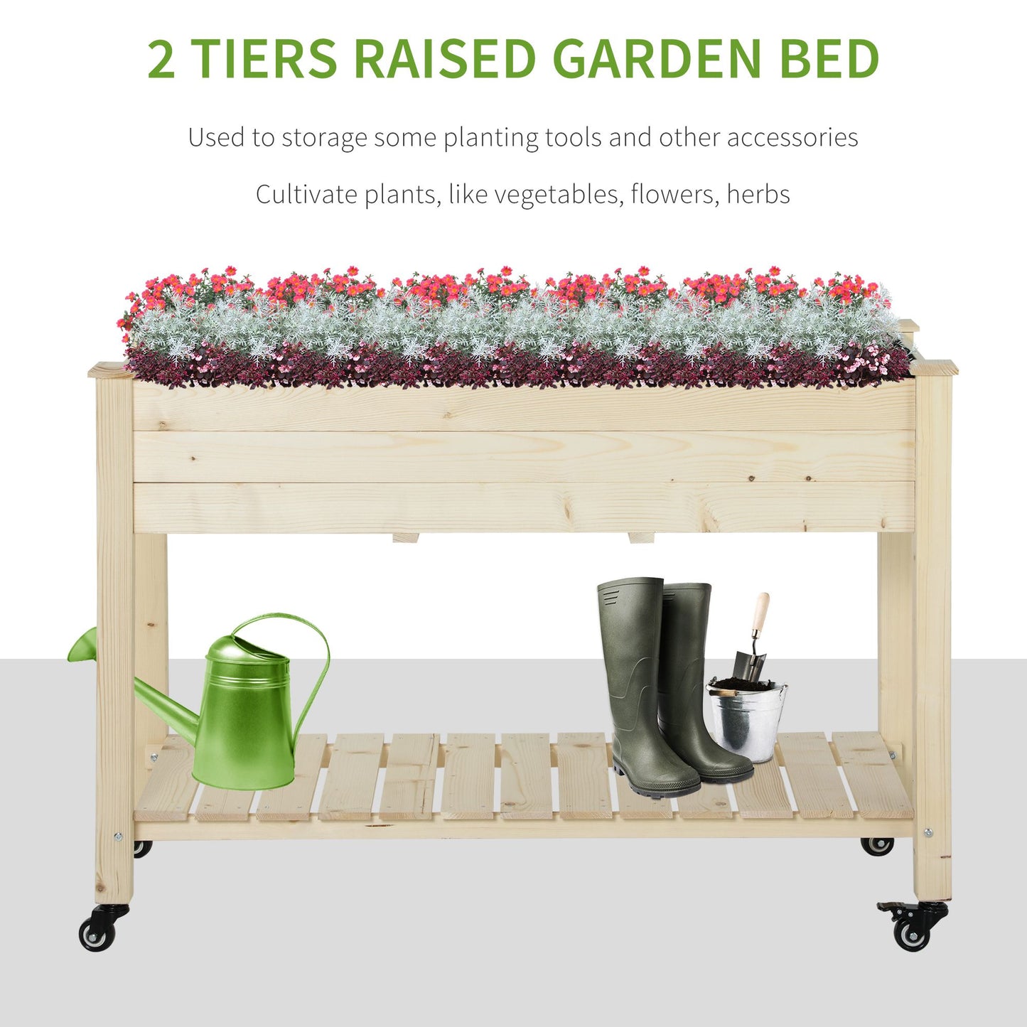 Raised Garden Bed with Lockable Wheels 47x22x33 Inches Wooden Planter Box