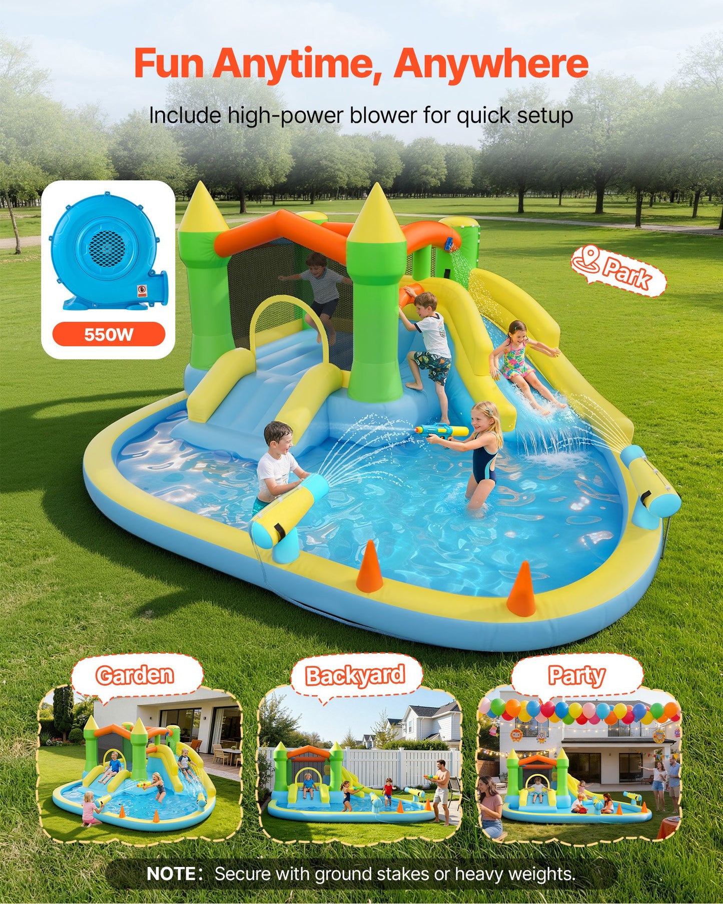 Inflatable Water Slide & Bouncer Castle for Kids - 12.5x13.1ft with Pool & Basketball Hoop