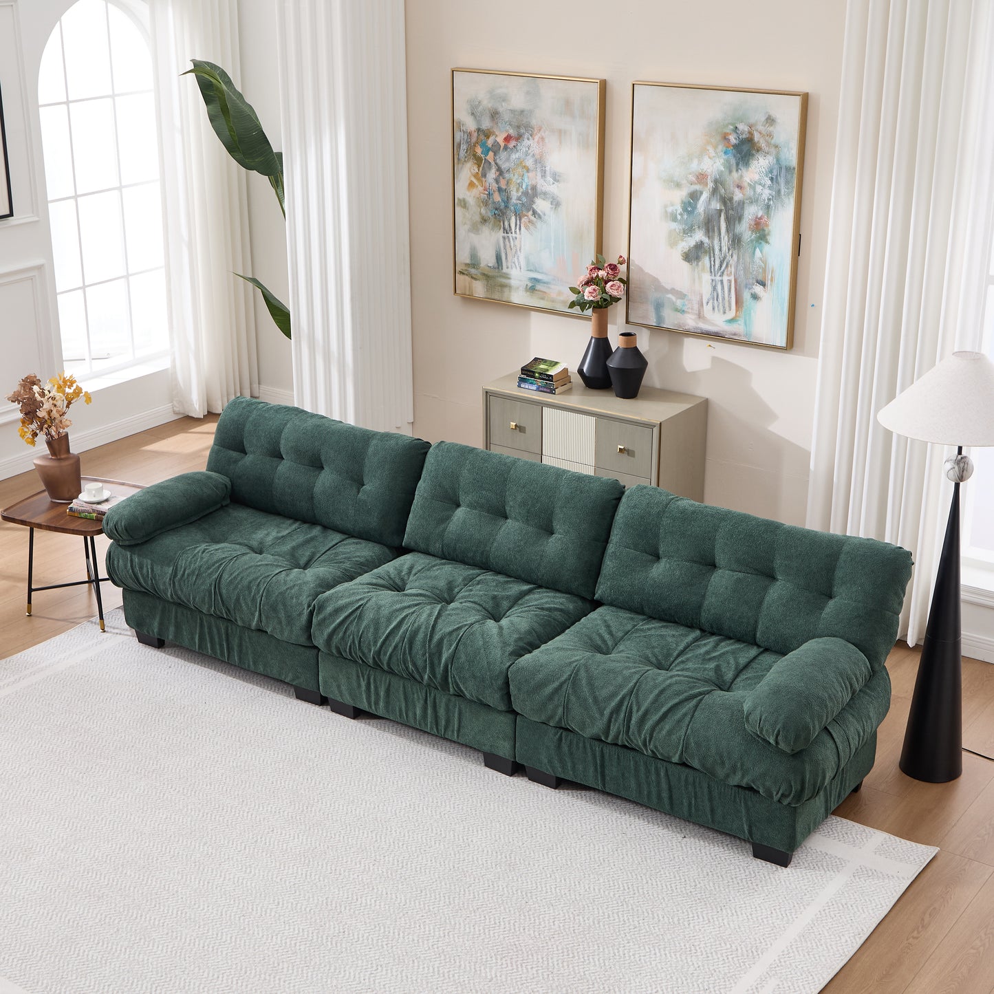 Modular Sectional Sofa - 3-Seater Cloud Couch with 5 Pillows - Green