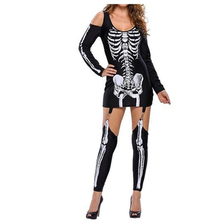 Skeleton Skeleton Printed Sexy Off-the-Shoulder Halloween Costume - Black, Multiple Sizes