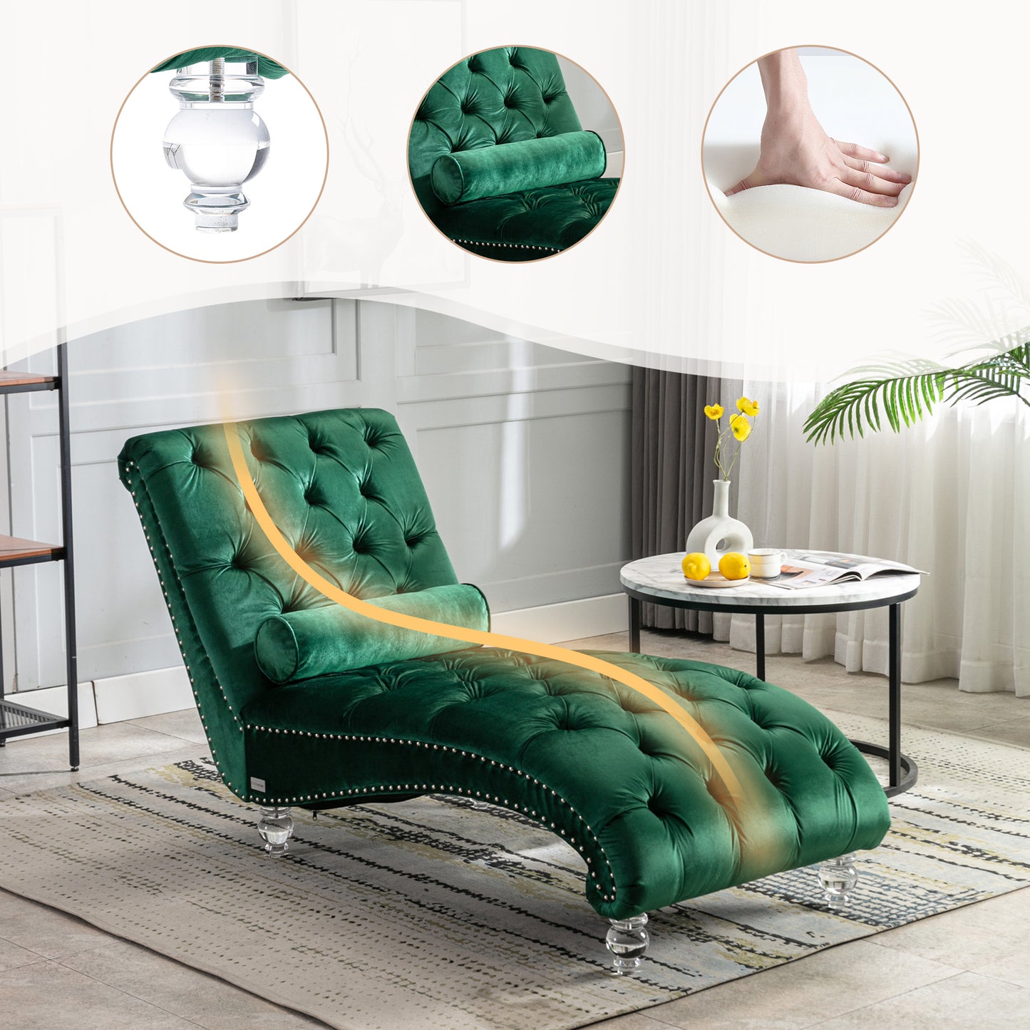 Emerald Velvet Chaise Lounge Chair - Button-Tufted with Pillow