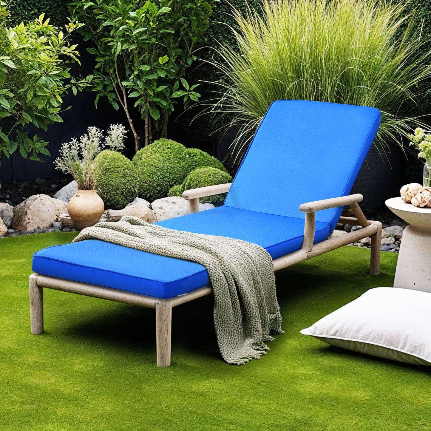 Outdoor Chaise Lounge Cushion with Ties - Waterproof Thick Support for Garden Chairs, Blue