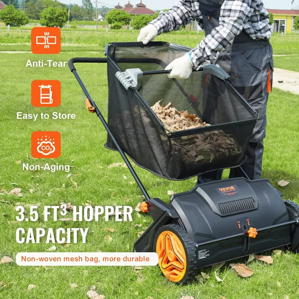 Push Lawn Sweeper 21-Inch Leaf and Grass Collector with Large 3.5 Cu Ft Mesh Hopper and Dual Spinning Brushes