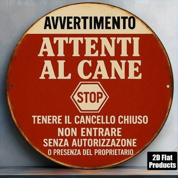 Vintage Italian Beware Of Dog Metal Sign - 8-Inch Round Plaque