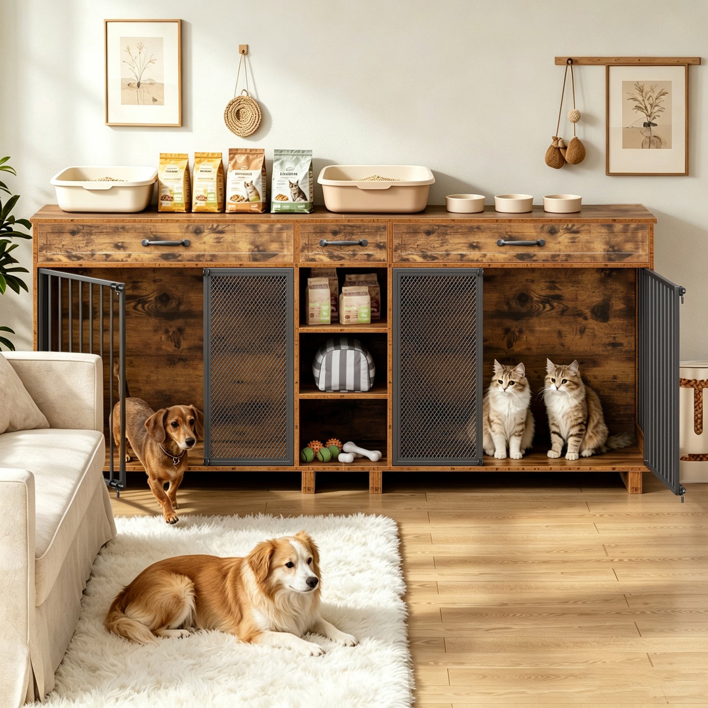 Large Wooden Dog Crate Furniture with Storage and Multi-Function Design