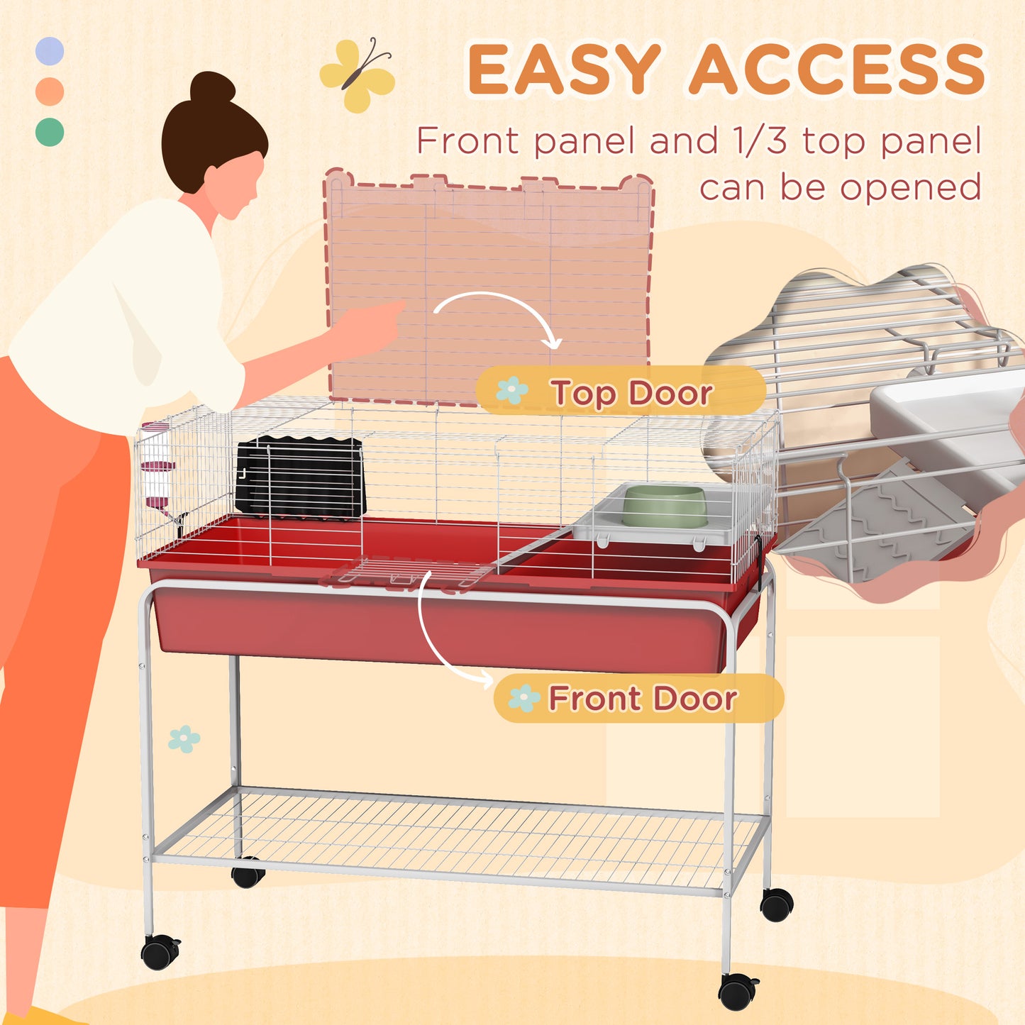 Small Animal Cage with Removable Stand, Wheels & Shelf - 39x20.5x36.5 Inches, Red
