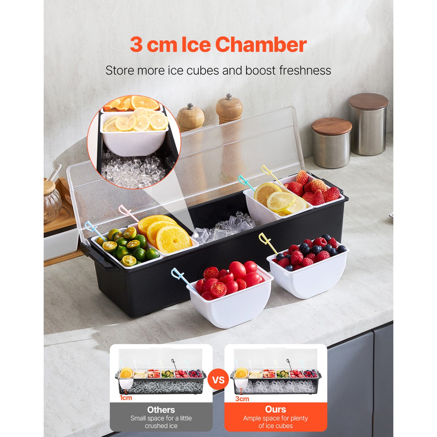 Ice Cooled Condiment Serving Container with 6 Compartments for Food & Beverage Service