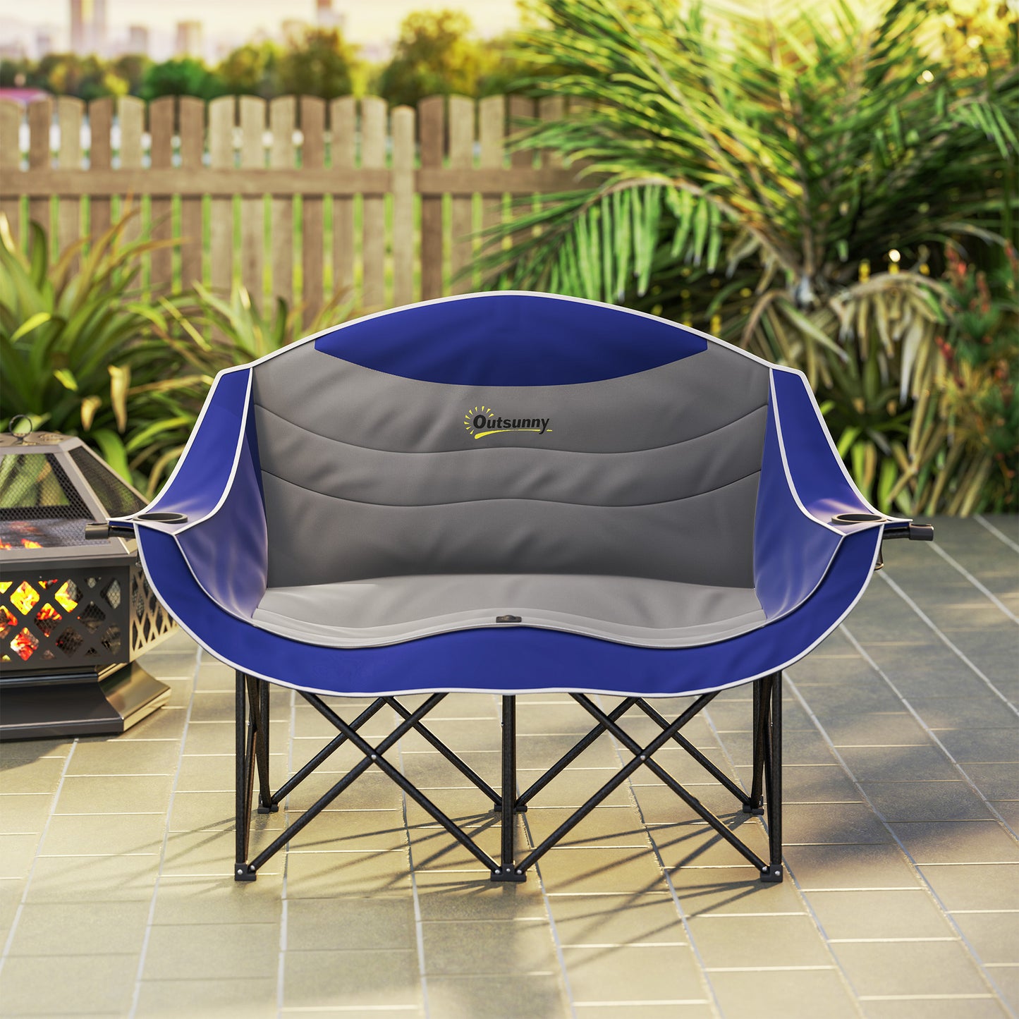 Double Padded Folding Camp Chair with Armrests & Cup Holders - Blue