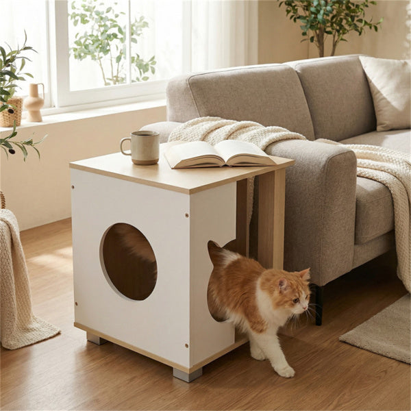 Wooden Cat House Nightstand with Metal Base - Anti-Slip Pet Furniture