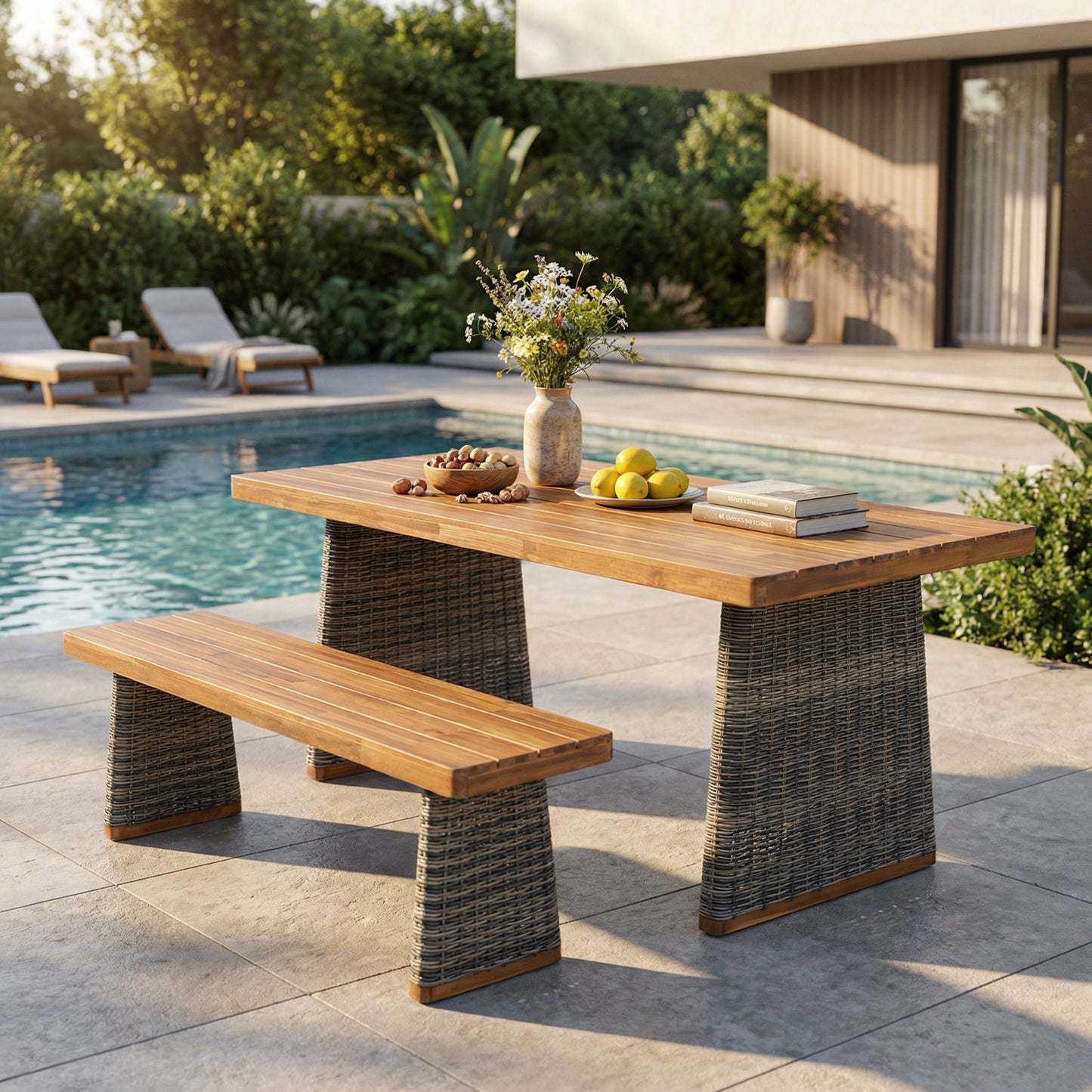 Outdoor Acacia Wood Dining Table Set with Bench - Grey
