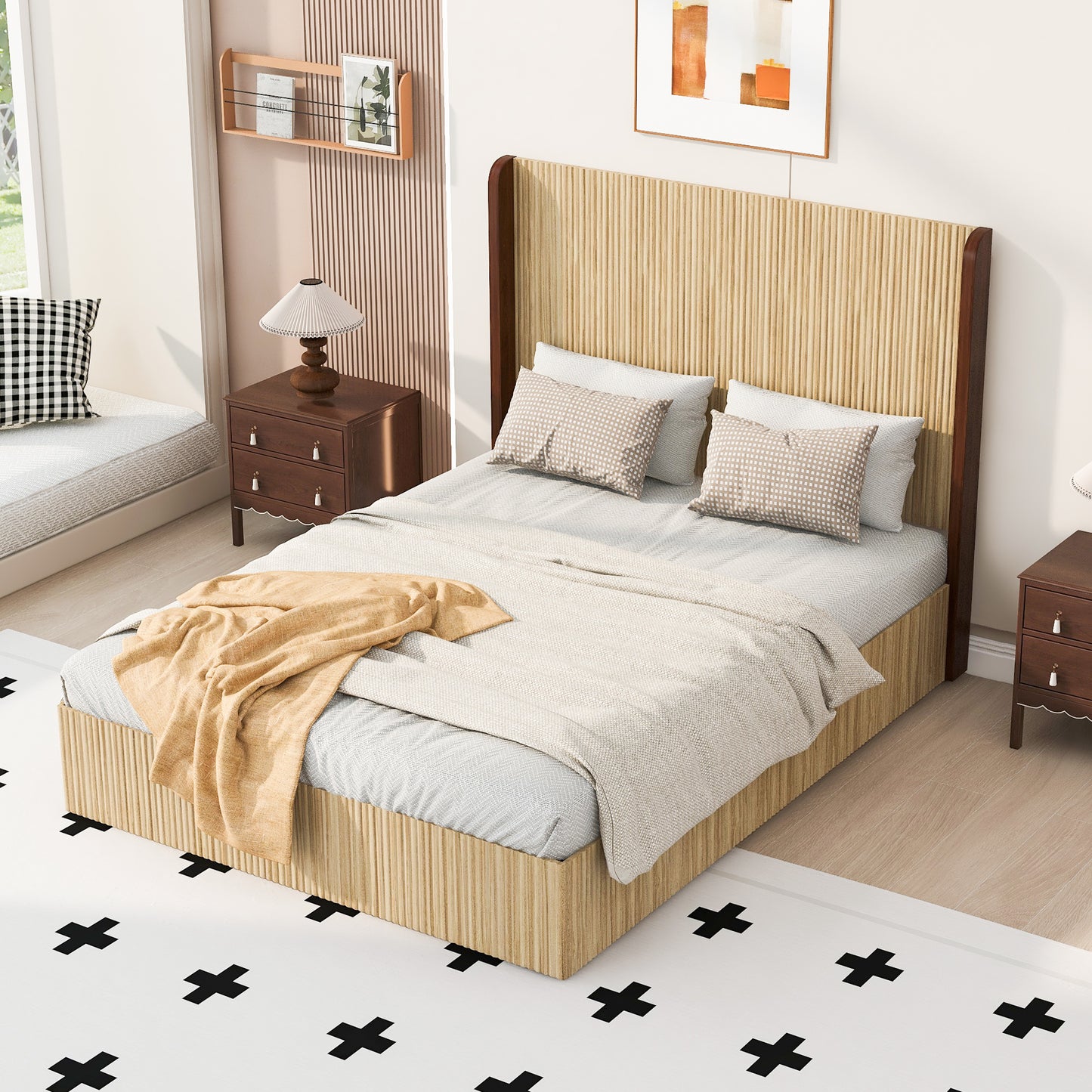 Queen Size Wooden Platform Bed Frame with Wing Headboard