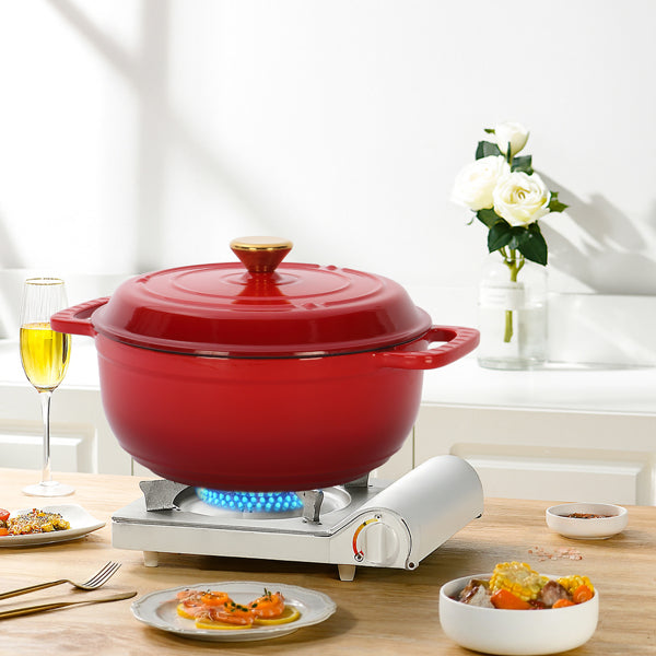 6QT Cast Iron Enamel Cooking Pot - Gradient Red with Silicone Gloves