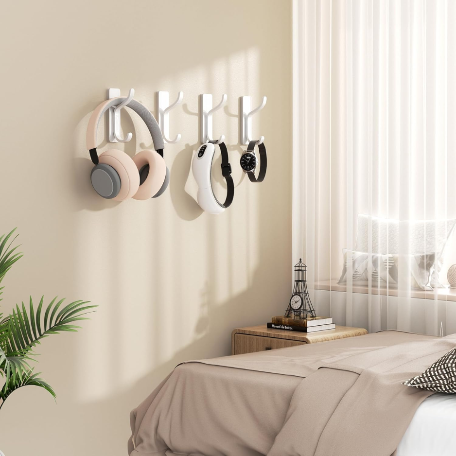 Heavy Duty Stick-On Wall Coat Hooks - 4 Pack White Metal