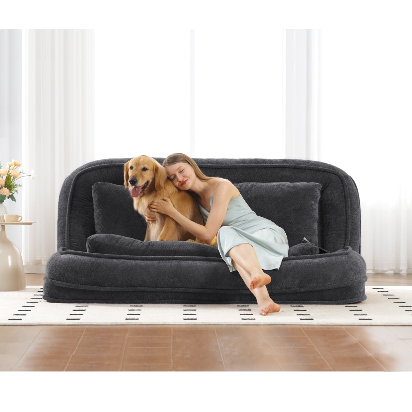 Extra Large Chenille Lazy Sofa Loveseat - Black Dog Bed