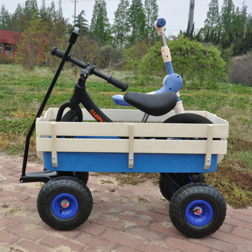 All Terrain Garden Wagon with Wood Railing and Air Tires for Outdoor Use