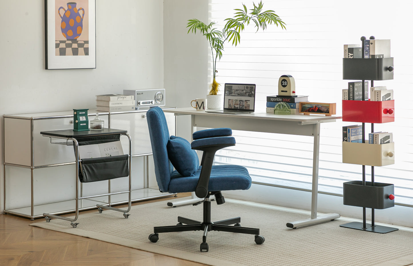 Blue Modern Linen Criss Cross Armrest Office Chair