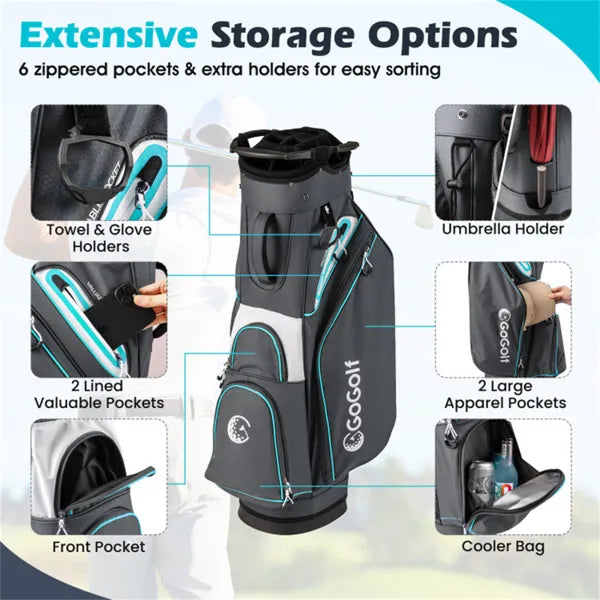14-Way Golf Cart Bag with 6 Pockets & Cooler - Gray/Blue