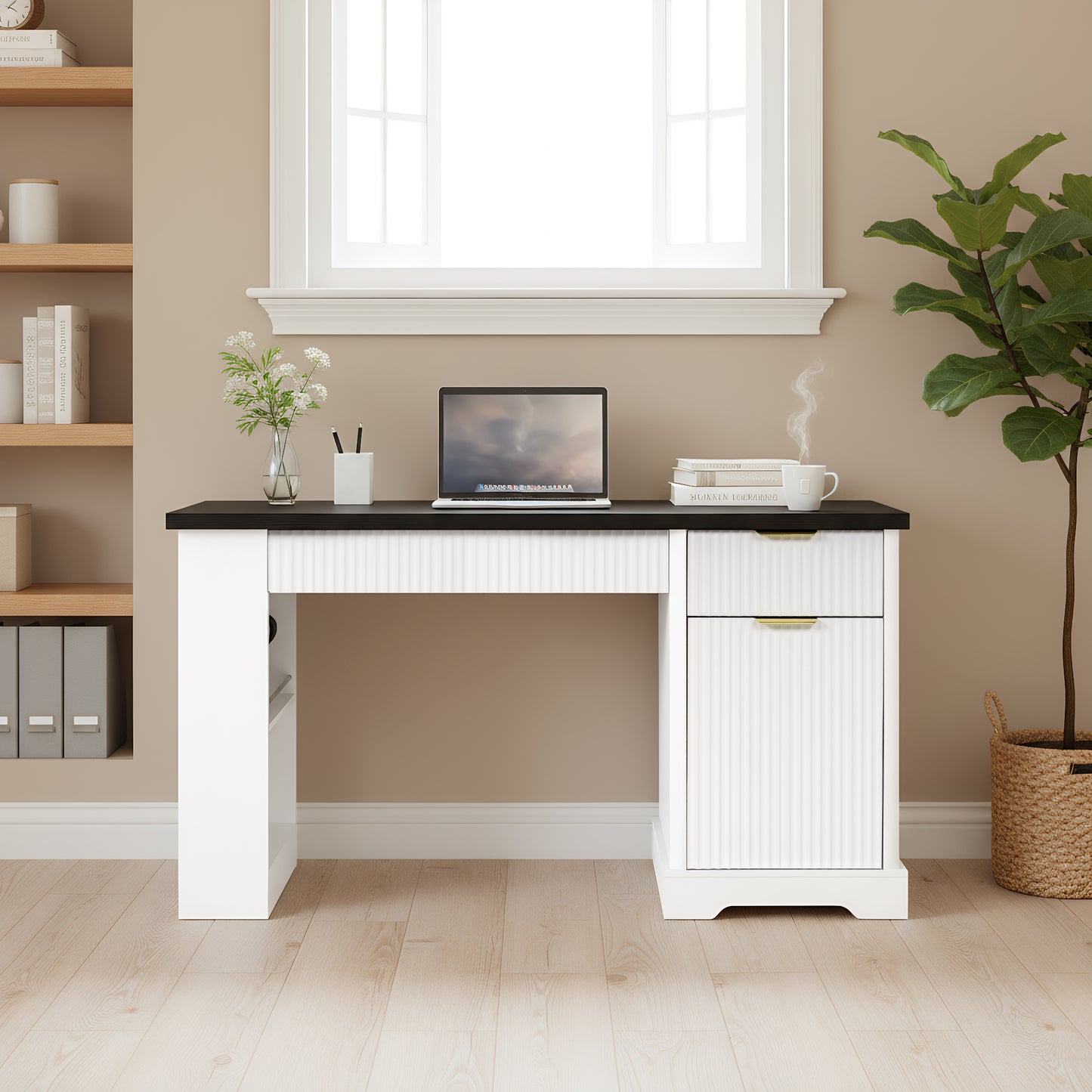 55" Modern Fluted Office Desk with Storage Cabinet & Power Outlet - White