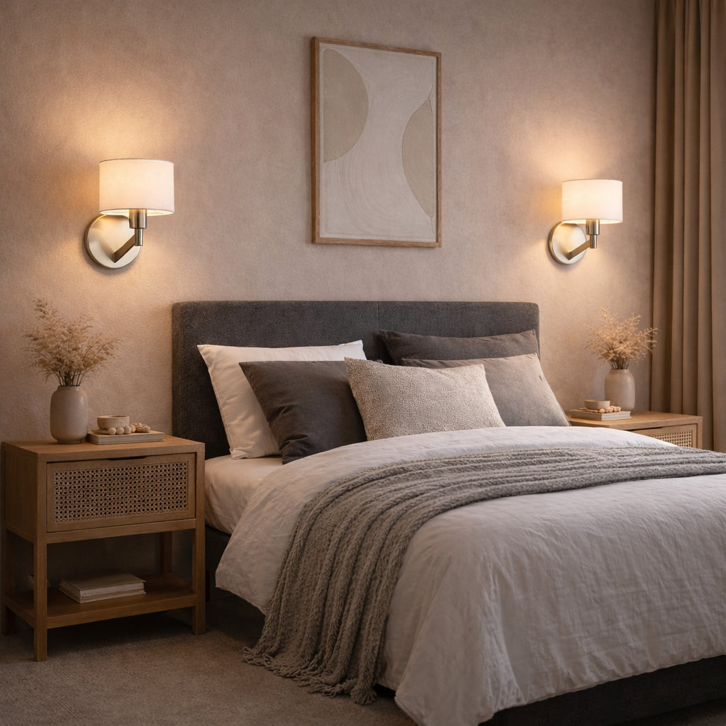 Nebula Brushed Nickel Base Wall Lamp With Rotary White Fabric Shade