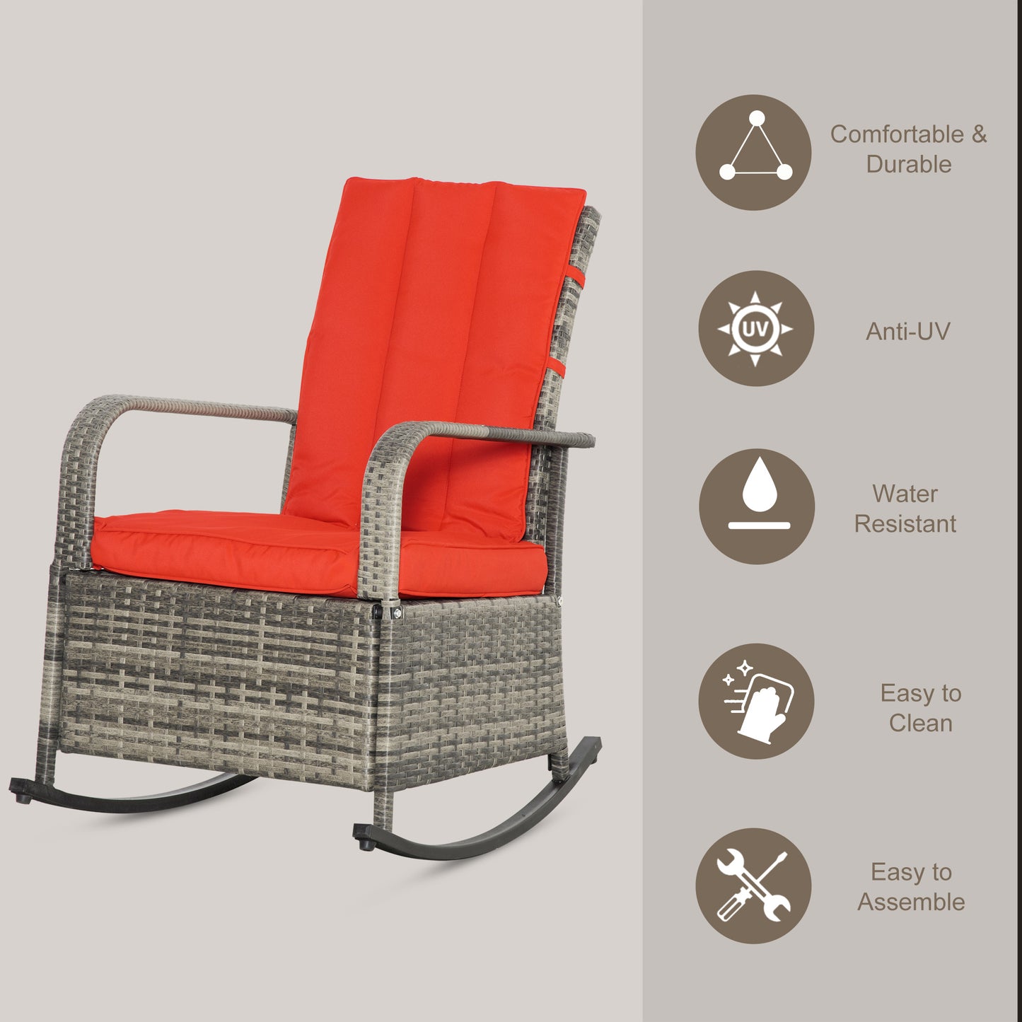 PE Rattan Outdoor Rocking Recliner with Footrest - Red