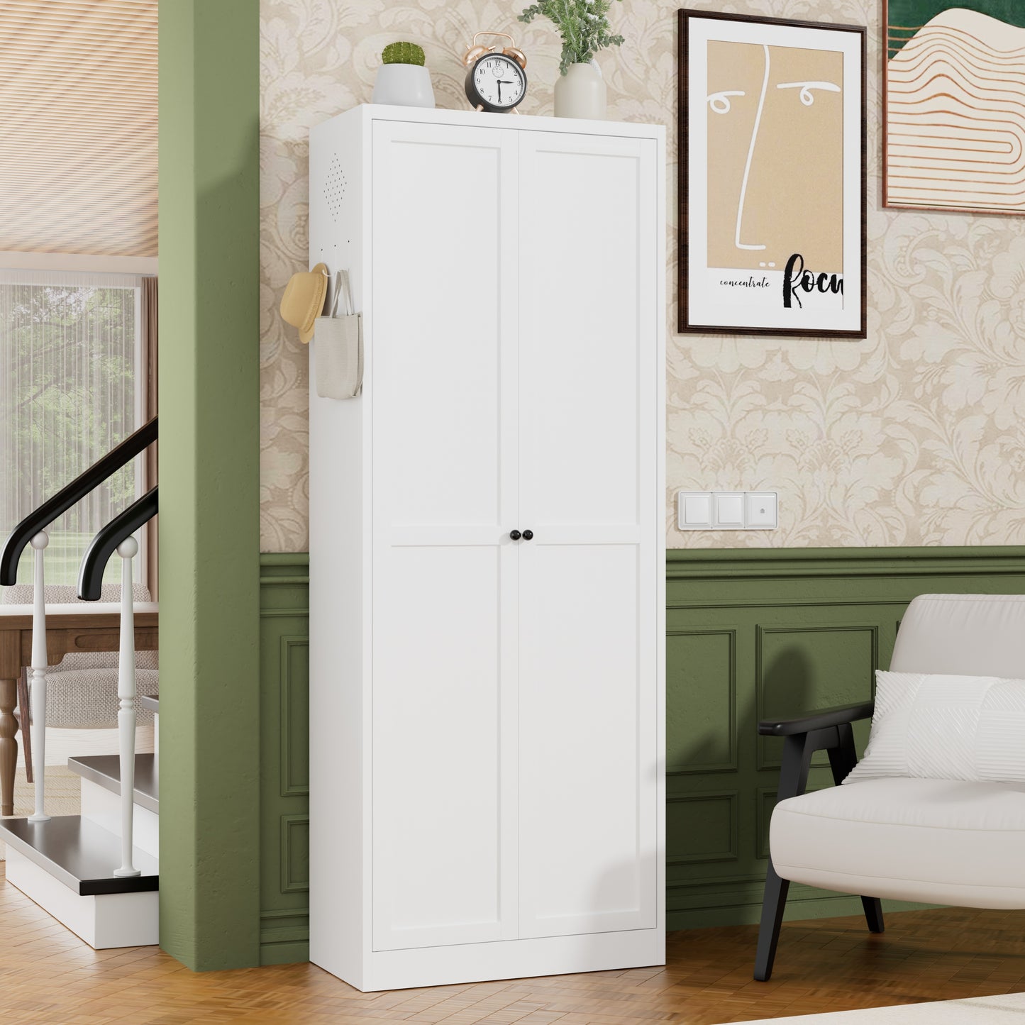 72" White Metal Kitchen Pantry Cabinet - Heavy-Duty Storage Organizer with 5 Adjustable Shelves