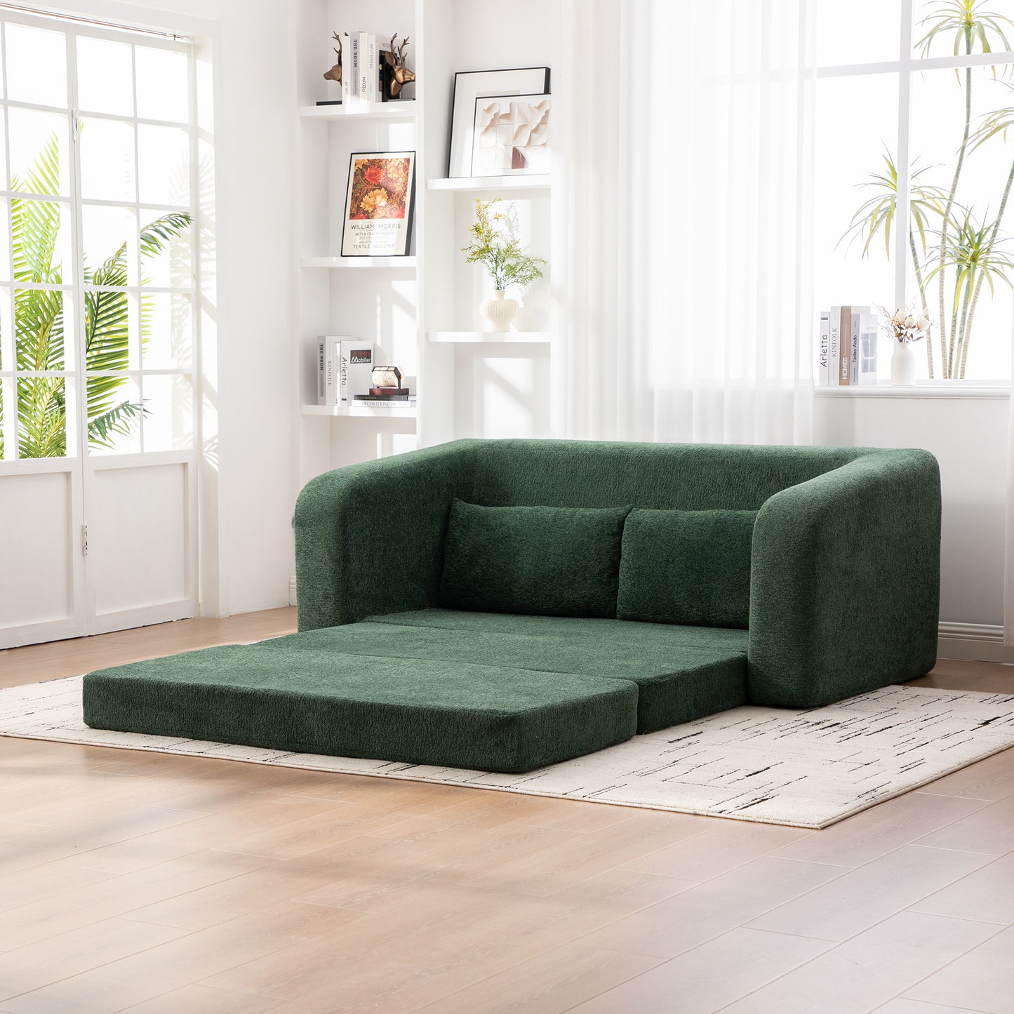 71" Convertible Chenille Loveseat Sofa Bed with Pillows - Green