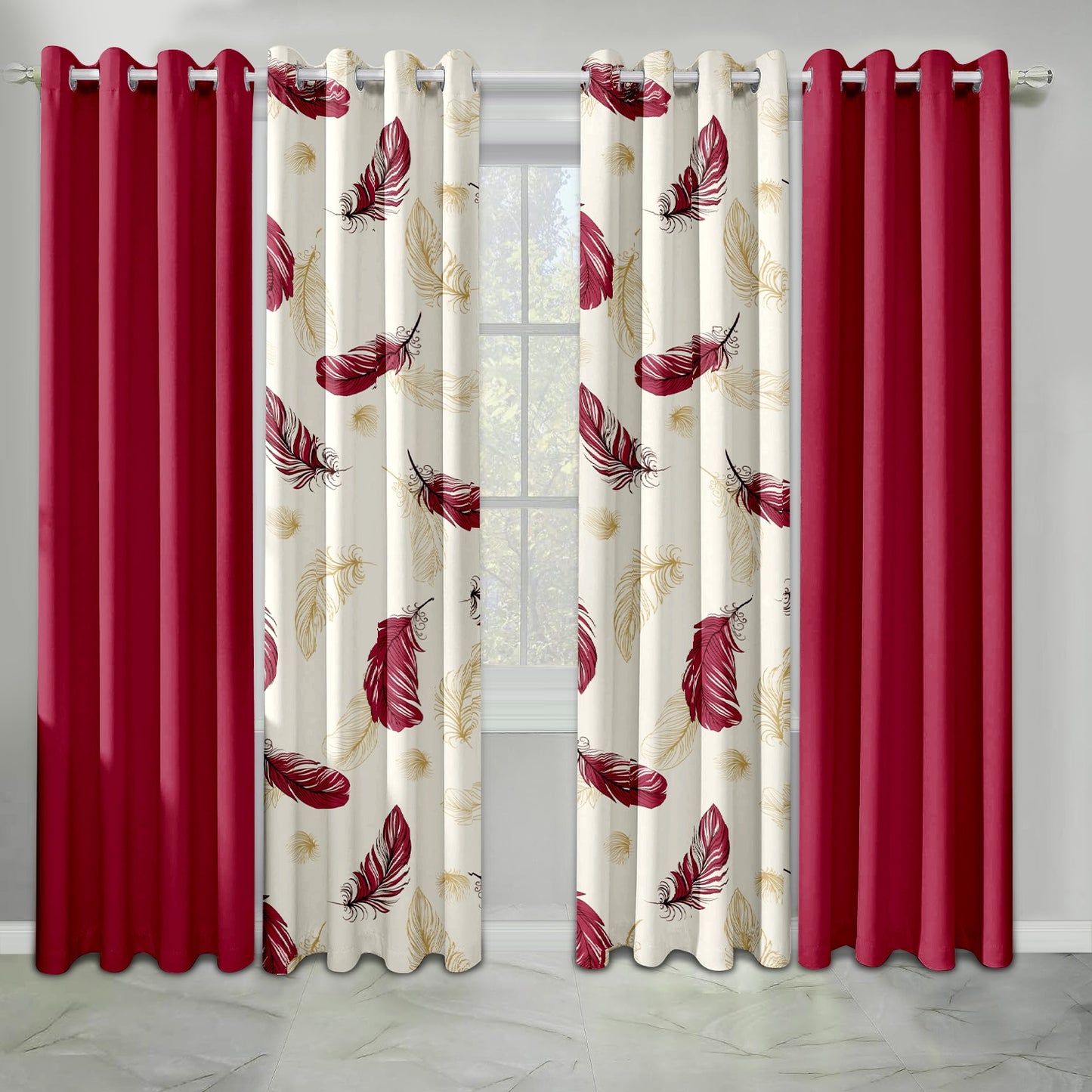 9-Piece Boho Feather Print Quilt and Curtain Set - Multiple Sizes