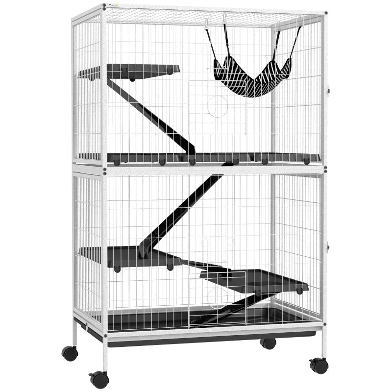 Small Animal Cage with Hammock - 4 Doors, Removable Tray, White