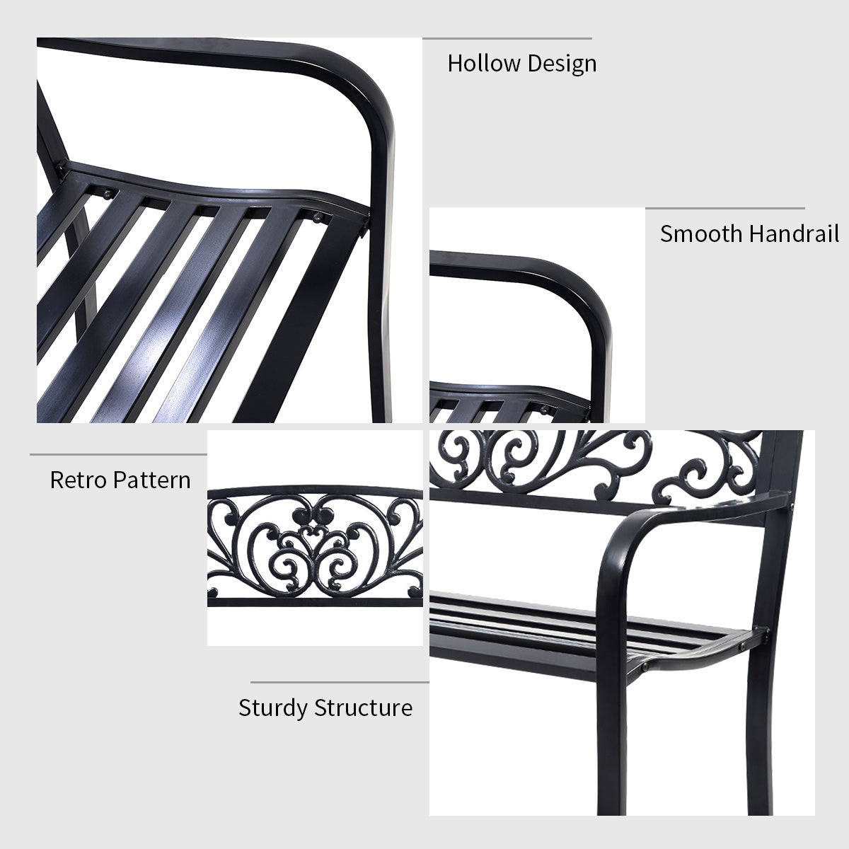50 Inch Steel Frame Outdoor Bench with Cast Iron Backrest