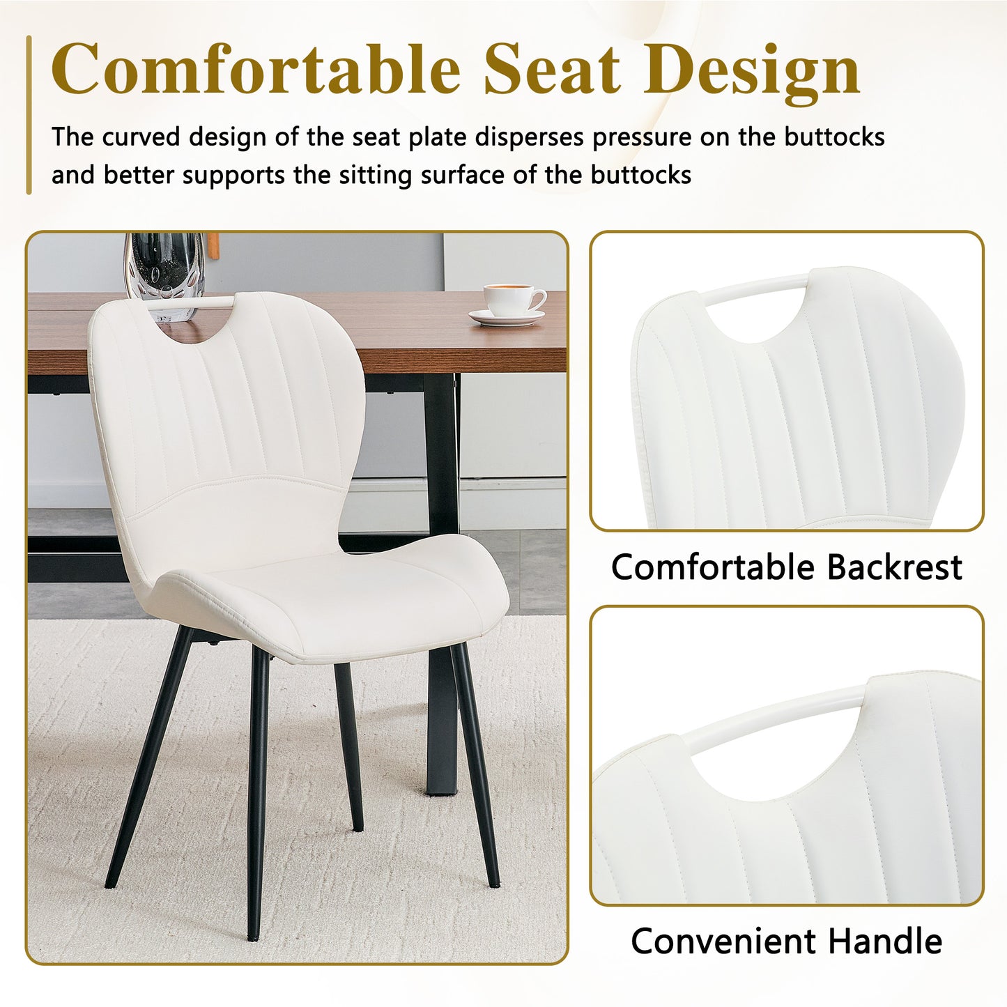 Set Of 4 White PU Dining Chairs With Integrated Handle. Black Metal