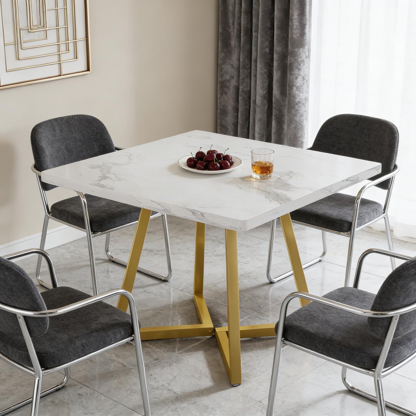 Square Vintage Dining Table - Gold White Finish