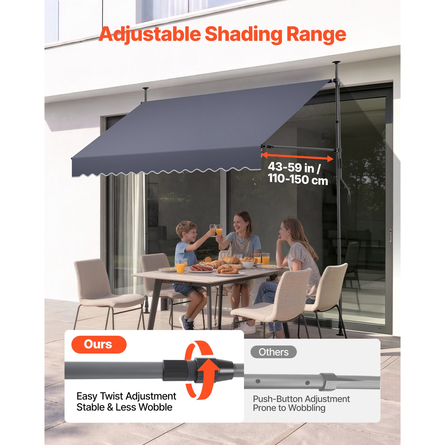 Manual Retractable Patio Awning 98 Inch Sunshade Shelter with Crank Handle - Dark Gray
