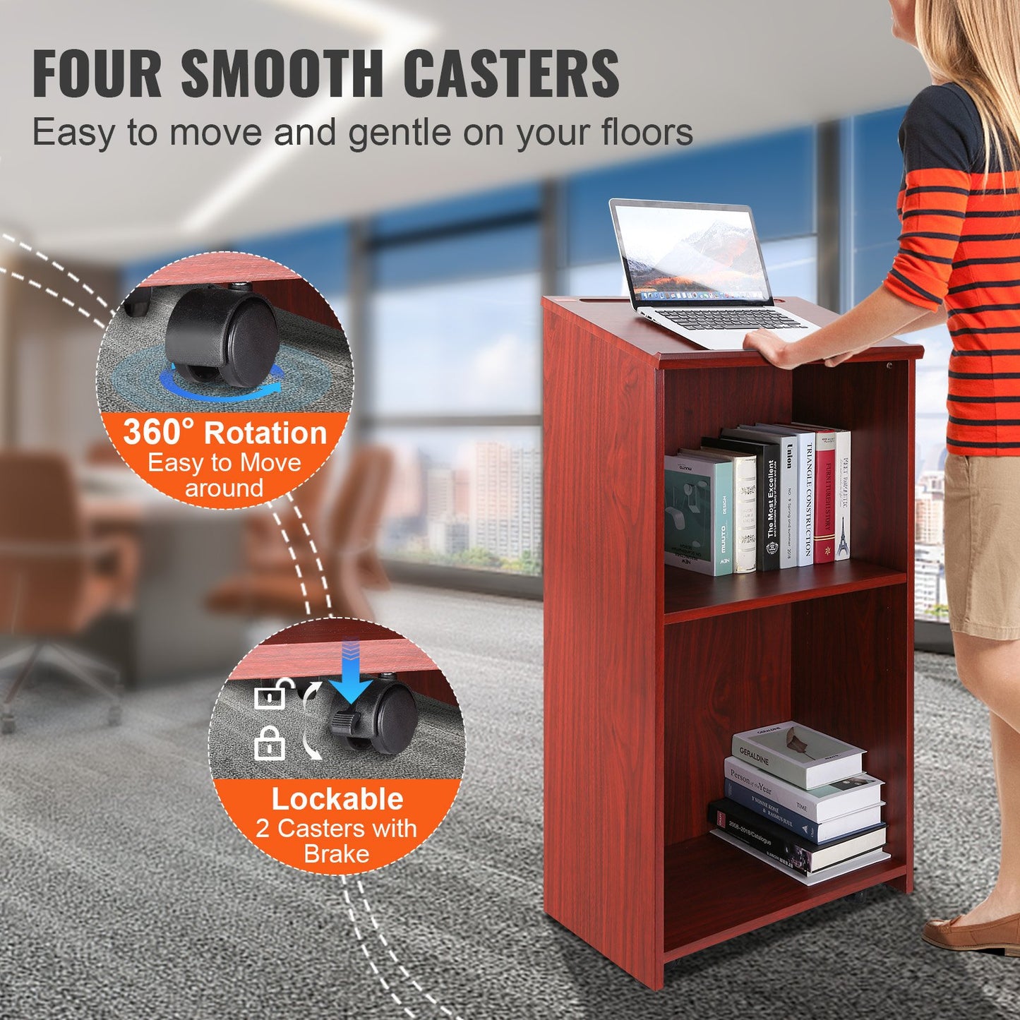 47-Inch Podium Stand with Rolling Wheels and Storage Shelves